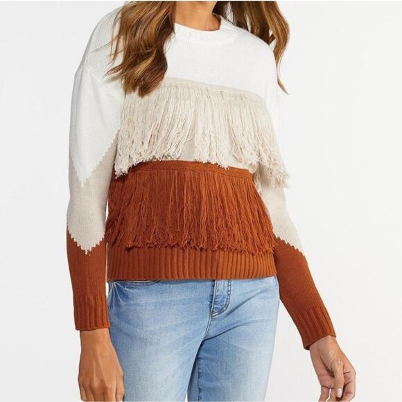 Cato Est 1946 Sweater Women's M Cream Tan Orange Boho Southwest Fringe Tiered - Picture 1 of 9